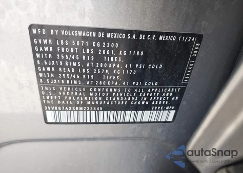 2024 Volkswagen Tiguan 2.0T Se R-Line Black из США, поврежденный, VIN 3VV8B7AXXRM233445